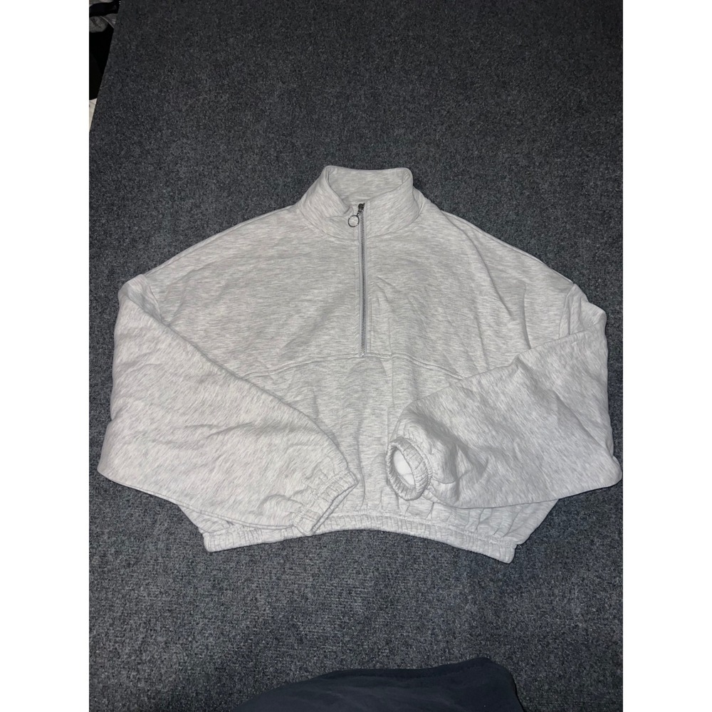 Lazy Sunday Women Large Heather Gray Cropped Quarter Zip Fleece Sweatshirt